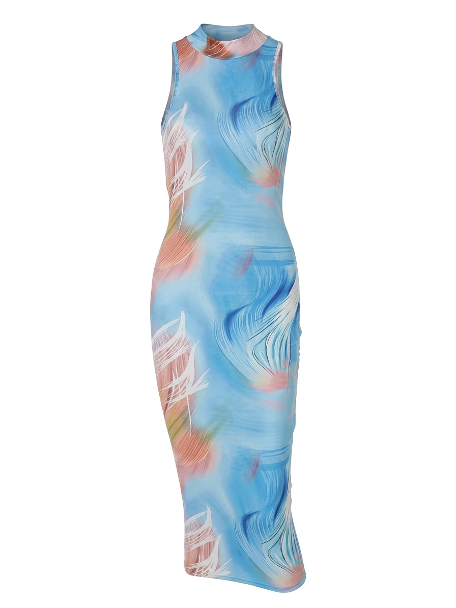 Water Wave Blue turtle Neck Dress