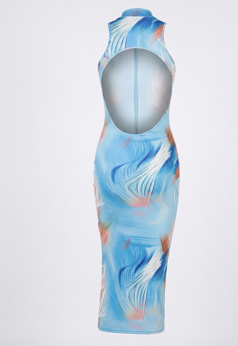 Water Wave Blue turtle Neck Dress