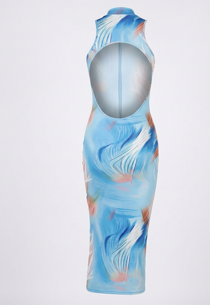 Water Wave Blue turtle Neck Dress